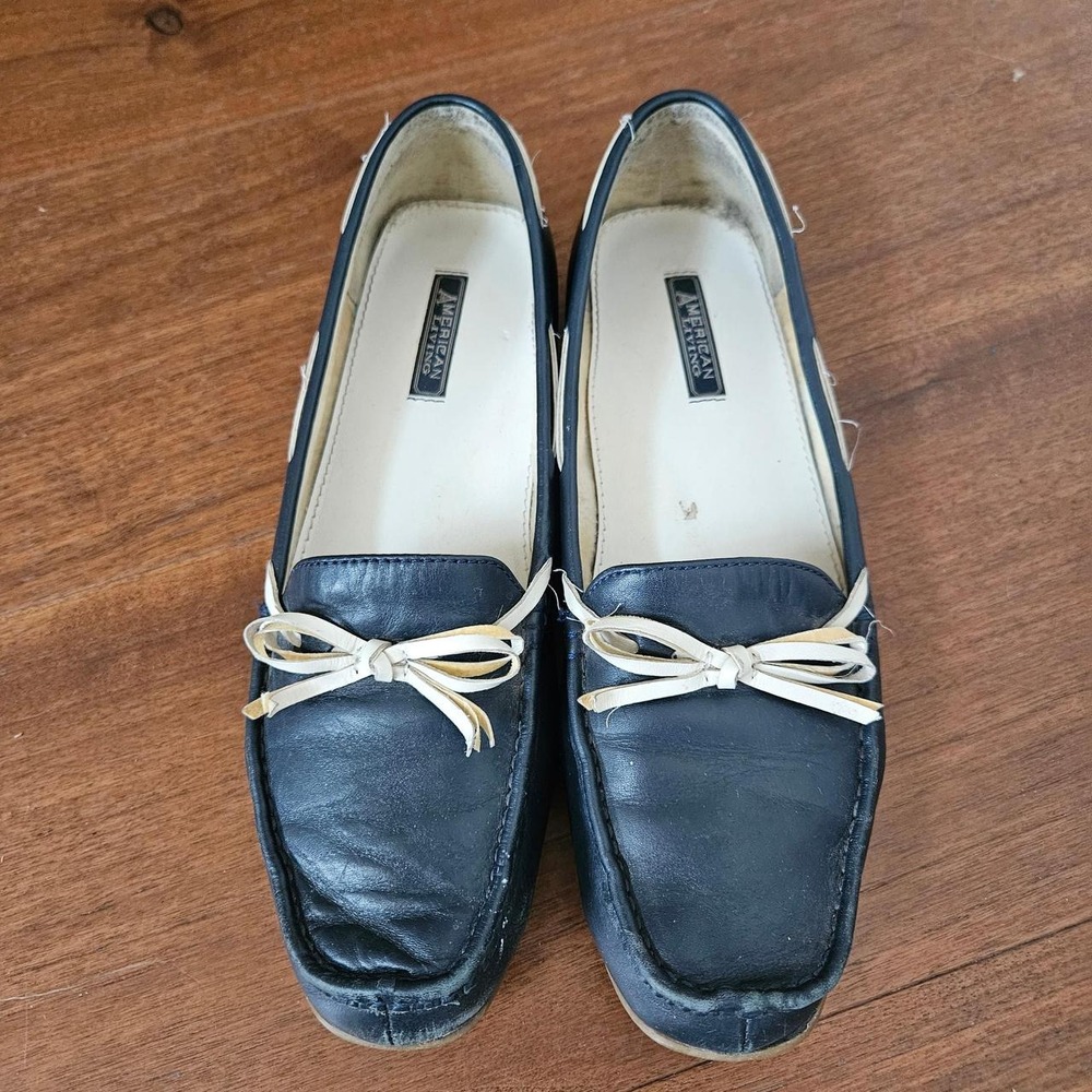Vintage American Living Navy Blue Leather Bow Loafers Driving Shoes Womens 9.5